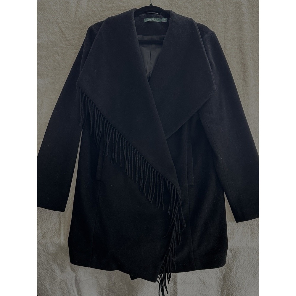 Lauren Ralph Lauren‎ Womens Petite Large Black Wool Cape Coat Fringe Pockets